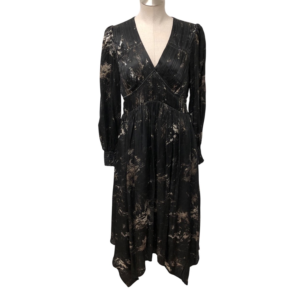 AllSaints Estelle Titania Dress Womens 6 US Black Gold Silk Blend Midi Metallic